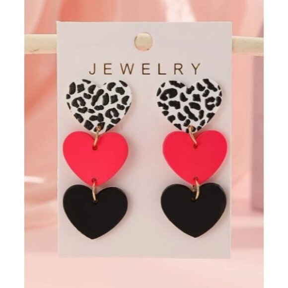 Leopard & Solid Color Heart Dangle Earrings - Picture 1 of 3